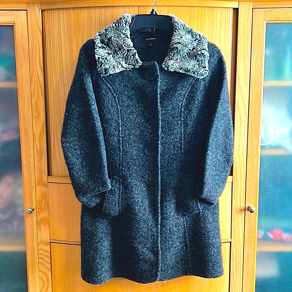 Marisol Made in Italy Retro Gray Wool Blend Faux Fur Collar Coat Jacket Women